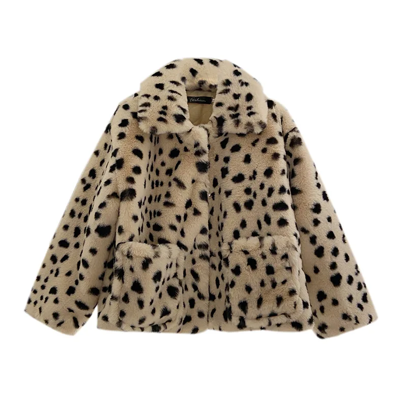 

2021 Plush Jacket Thick Warm Korean Version of Loose Lamb Wool Faux Fur Leopard Print Coat Women Winter Y2K Fluffy Jackets