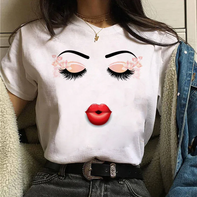 Flower Eye Lashes and Red Mouth Print T Shirt New Women Fashion T Shirt Female Cute Graphic Tee Tops Women Short Sleeve T-shirt