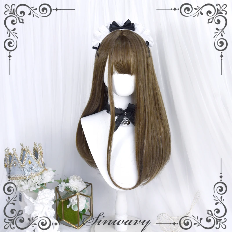 

Linen light Brown Wig Kawaii Lolita Young Girl Long Curly Hair Air Bangs Sweet Periwig Synthetic Fiber Daily Hairpiece Women