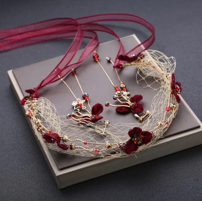 Корейские бордовые винные Красные кружевные ленты цветок сетка повязка на