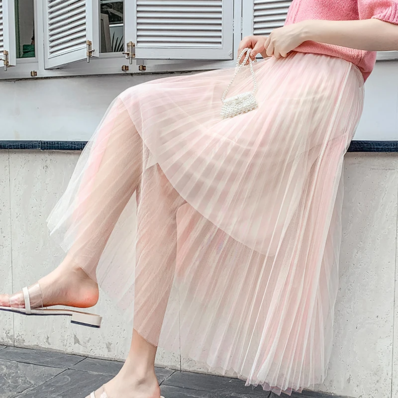 Модная юбка-пачка из тюля Женская длинная юбка макси 2019 Корейская милая розовая