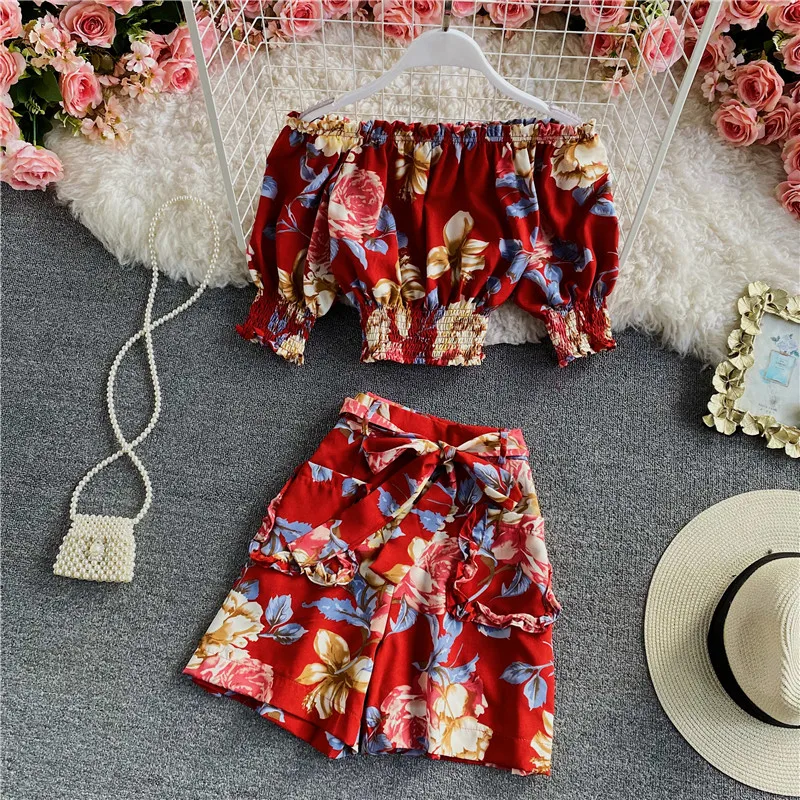 

FTLZZ New Summer Women Floral Print Two Piece Set Casual Slash Neck Puff Sleeve Crop Top and Loose Wide Leg Shorts