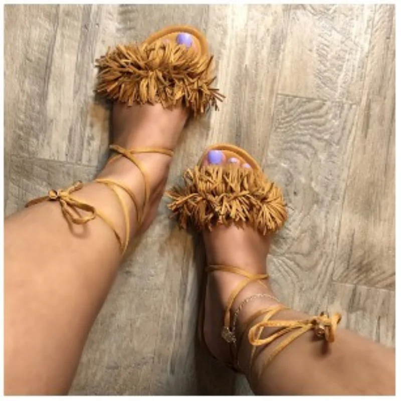 

Women Ankle-Strap Sandals Open Toe Cross Lace Up Faux Fur Roman Bohemian Shoes Low Heels Vacation Dress Party Ladies Size 36-43