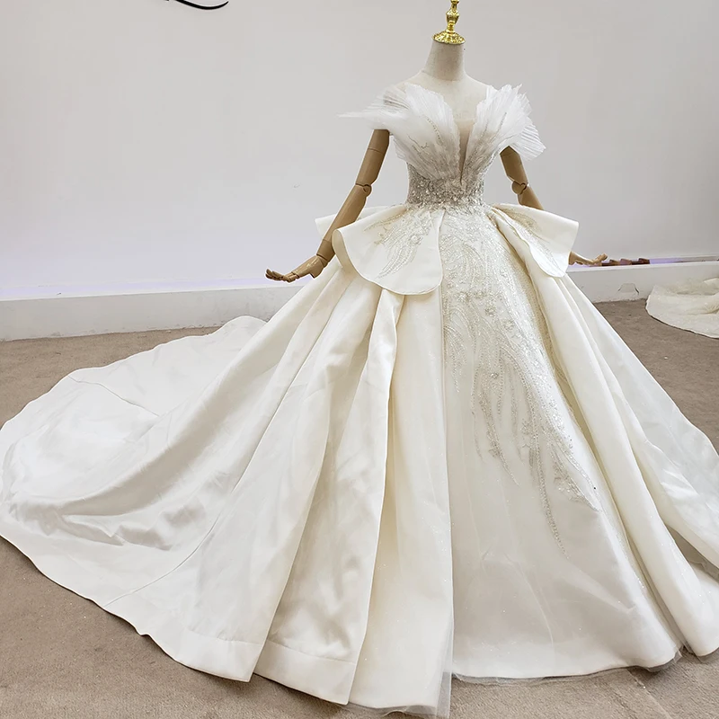 Атласное свадебное платье HTL1518 белое плать 2020 с коротким рукавом бусинами