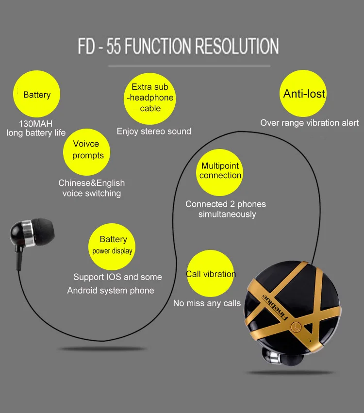 FineBlue FD-55 Вибрация вызова Выдвижная bluetooth-гарнитура шумоподавление более богатый бас предназначен для гарнитуры громкой связи