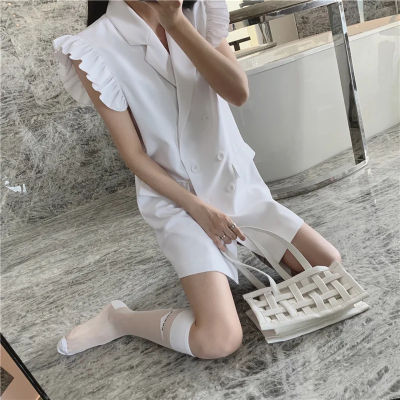 

Office Ladies Notched Collar Sleeveless Butterfly Sleeve Dresses Diamonds Button High Waist Sashes Slim Fit Female Suit Dress