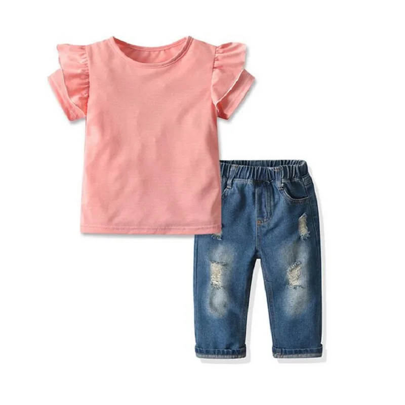 

2Pcs Summer Kid Girls Outfit Cute Sweet Solid Color Fly Short Sleeve Tops Ripped Denim Pants Children's Set