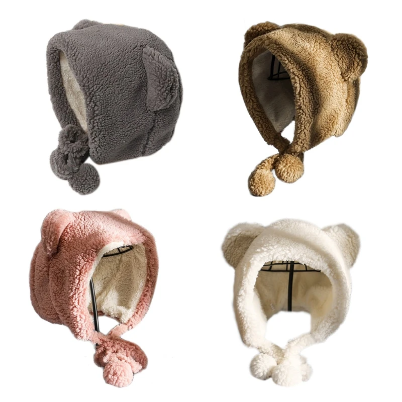 

Women Winter Thicken Plush Earflap Hat Cute Cartoon Bear Ears Pompom Chin Strap Outdoor Windproof Thermal Beanies Trapper Cap