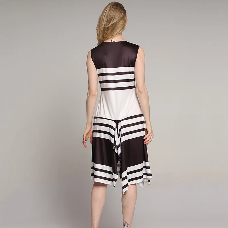 

Summer Elegant Dress for Women Round Neck Striped Sundress Women Sleeveless Irregular Hem Dress Female Maxi Dress Femme