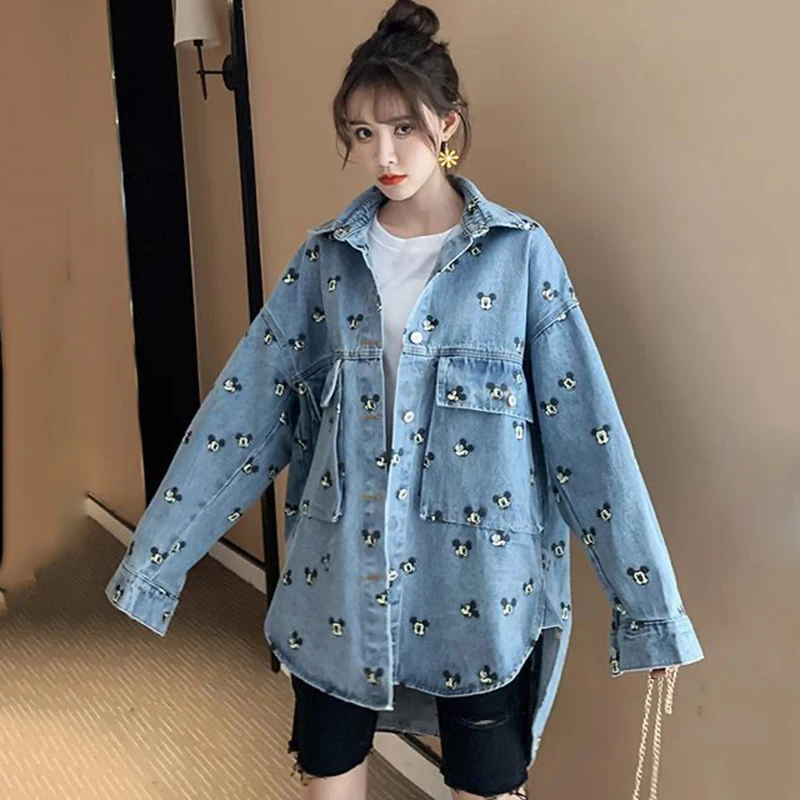 Куртка женская джинсовая с большими карманами свободная синяя длинная