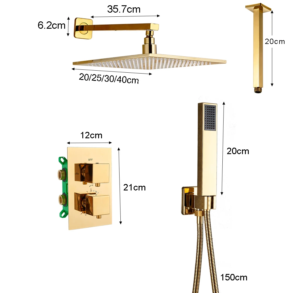 Golden Thermostatic Shower Set Faucet Concealed Embedded Box Valve Ceiling Mounted Rainfall Showerhead Mixers | Обустройство дома