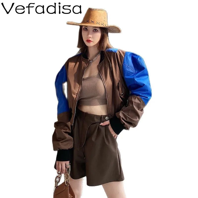 

Vefadisa Contrasting Padded Shoulder Puff Sleeve Short Cardigan Jacket Loose Cropped Zipper Jacket 2021 New Women Clothing TT405