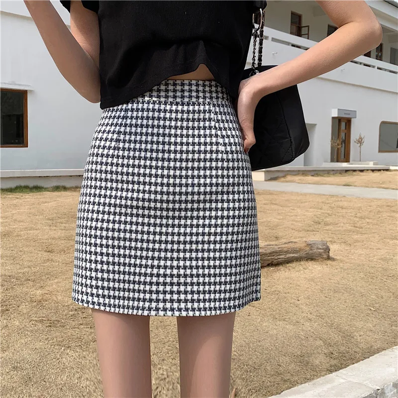 

Customize Made Women Casual All Match Plus Size 3XS-10XL Retro Vintage Houndstooth Print Above Knee Short Mini Skirt