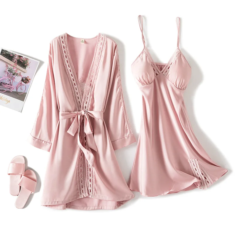 

Hollow Lace Women's Spring Summer Sexy Nightgown Suits 2PCs Simple But Elegant Robe Silk Satin Delicate Nightdress Soft Skin