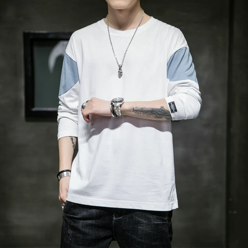 Футболка мужская с длинным рукавом круглым вырезом и пэчворком|Мужские футболки|