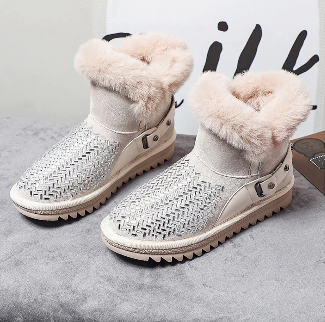 

Fashion Suede Leather Sheep Natural Wool Fur Lined Women Casual Short Winter Snow Boots Warm Shoes Waterproof Outdoor Shoes