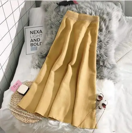 yellow Новые зимние трикотажные женские юбки трапециевидной формы, однотонные офисные женские элегантные юбки наивысшего качества - Цвет: yellow