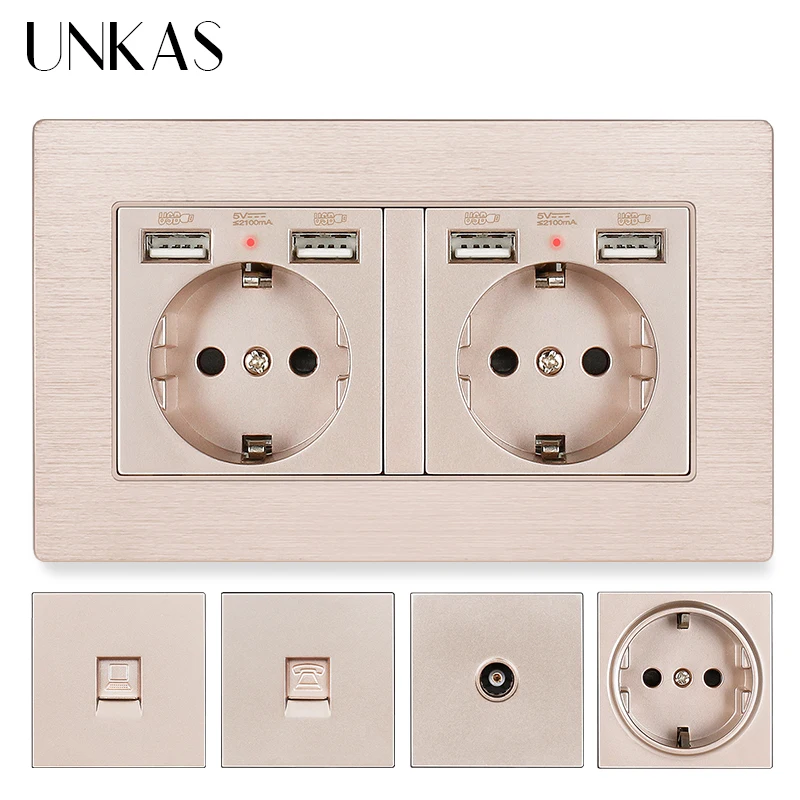 UNKAS Gold Aluminum Panel EU / French Socket Dual USB Charge