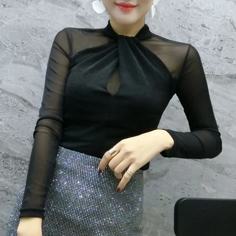 Chemisier Femme, новинка, сетчатая однотонная женская блузка с длинным рукавом, топы, повседневная приталенная рубашка с круглым вырезом, женская одежда, осень 7300 50
