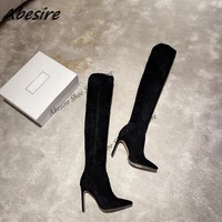 abesire black long suede leather boots pointed toe solid over the knee women shoes thin high heel new autumn winter big size