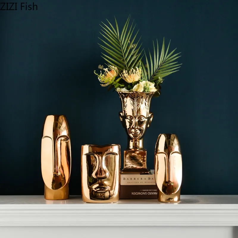 Золотые керамические вазы с орнаментом Настольный цветок аранжировщик ваза