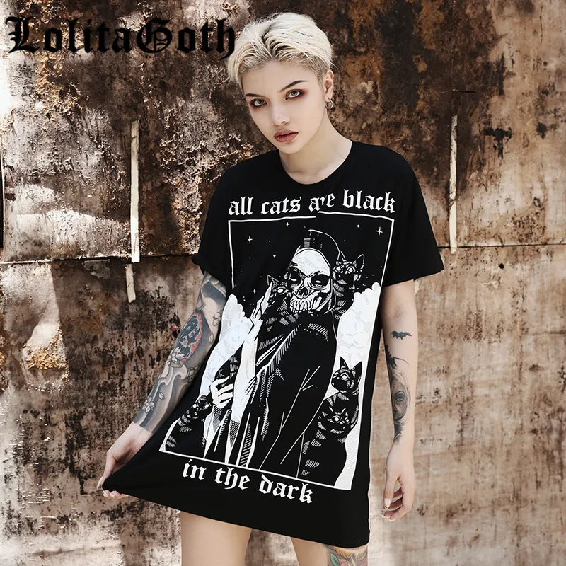 

Lolita Goth Women Loose Black T-shirts Dark Grunge Punk Harajuku Skull Peinted T-shirts Halloween Party Long Tops Female T-shirt