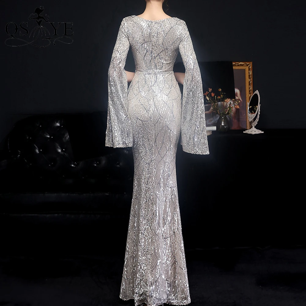 

Silver Evening Dresses Mermaid Sequin Prom Gown Glitter Open Flare Long Sleeves Party Dress V Neck Women Celebrity Gown Vestido
