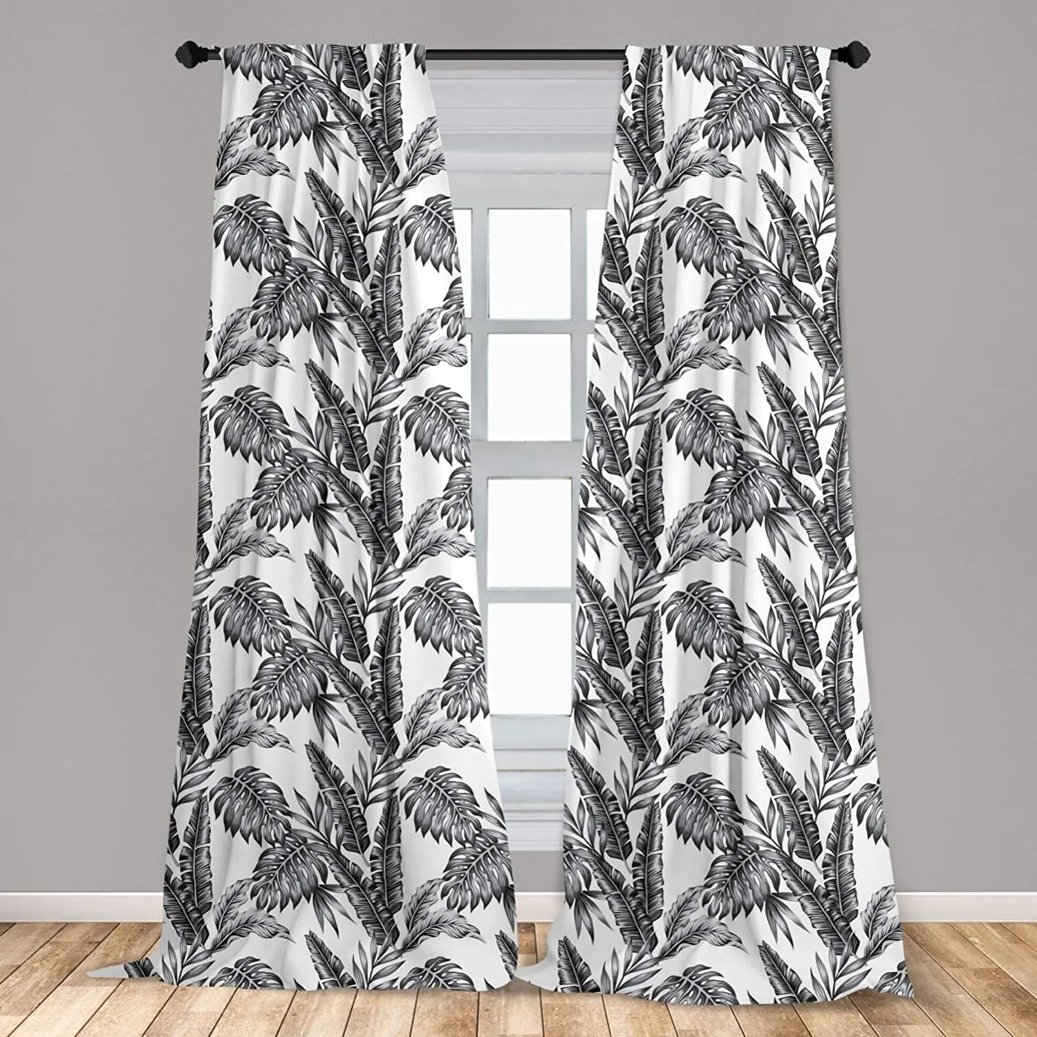 

Jungle Curtain for Kids Rooms Monochrome Tropical Plants Palm Monstera Banana Leaves Island Nature Window Drapes