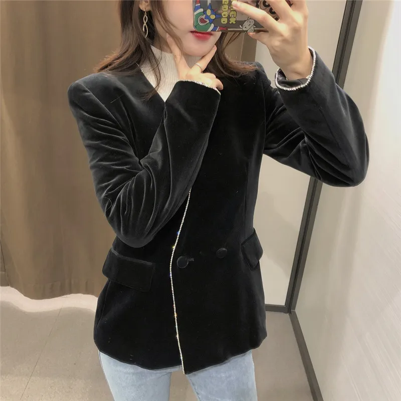 

ZA Women Jewel Trim Velvet Blazer 2020 Long Sleeve Shoulder Pads Black Coat Top Female Chic Interior Lining Vintage Blazers
