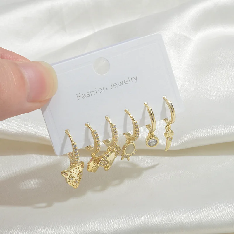 

6pcs/set S925 Needle Gold Plated Elephant Leopard Earrings Fashion Jewelry Geometric Crystal for Women