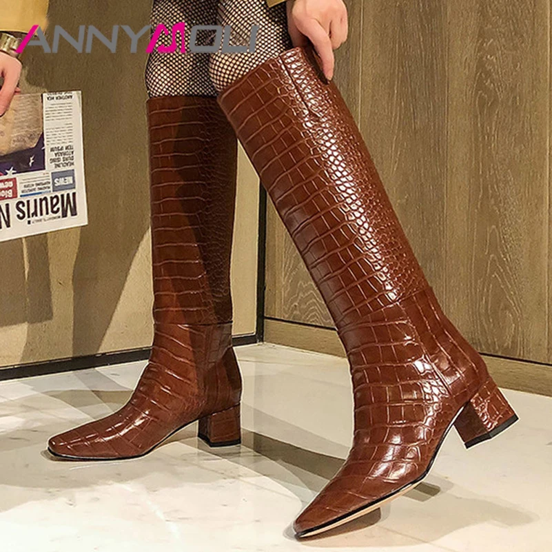 

ANNYMOLI High Heel Women Boots Square Toe Knee High Boots Fashion Chunky Heel Long Boots Ladies Shoes Autumn Beige Big Size 40