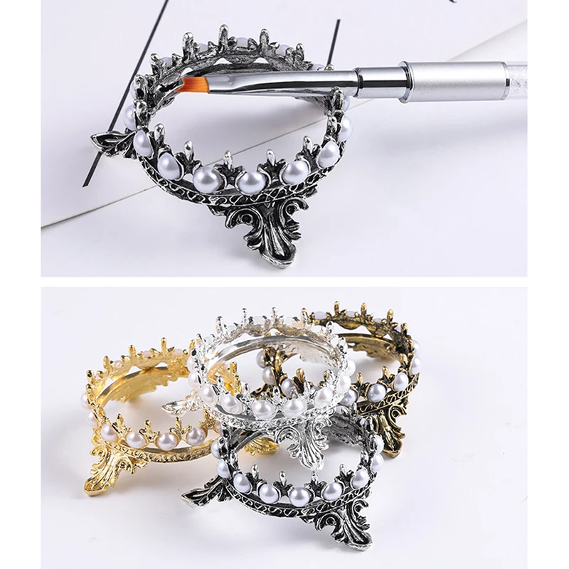 Vintage Crown Design Nail Art Pens Brushs Stand Rack Pearls Decoration Salon Home DIY Manicure Carving Drawing Pen Holder | Красота и