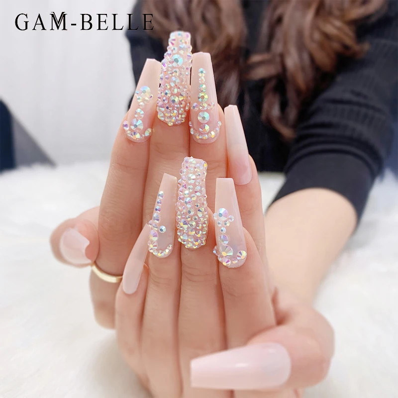 

GAM-BELLE AB Rhinestones Designs False Nails French Long Coffin Full Cover Artificial Press On Nails Decoration Manicure Tool