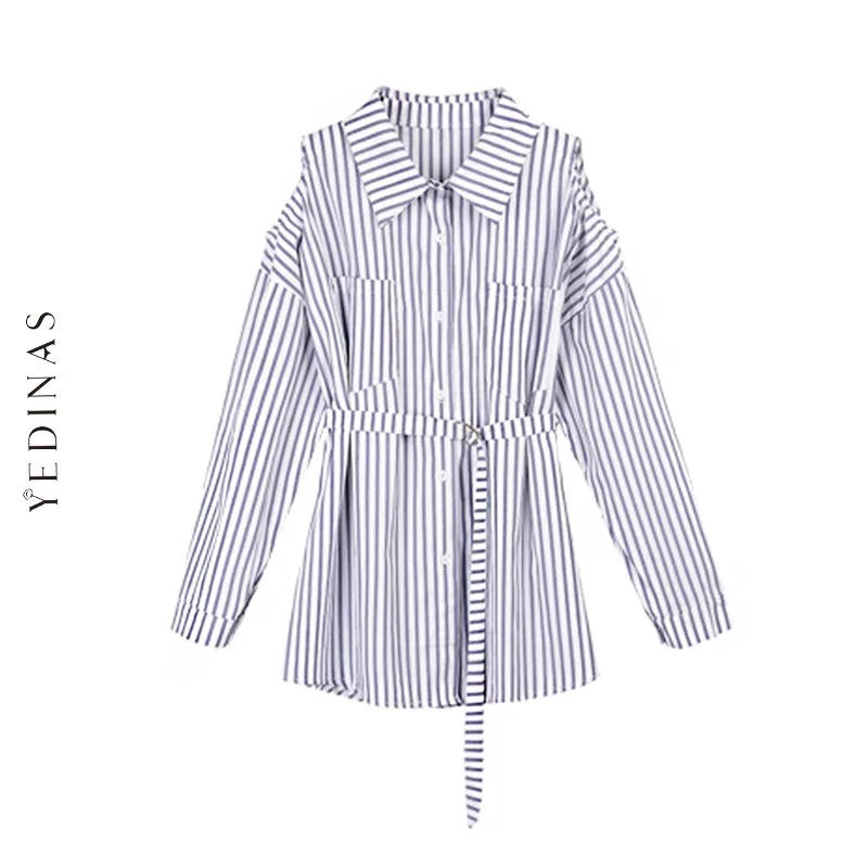 

Yedinas Korean Style Womens Tops And Blouses Vintage Striped Loose Off The Shoulder Blouse For Women Long Sleeve Ladies Tops