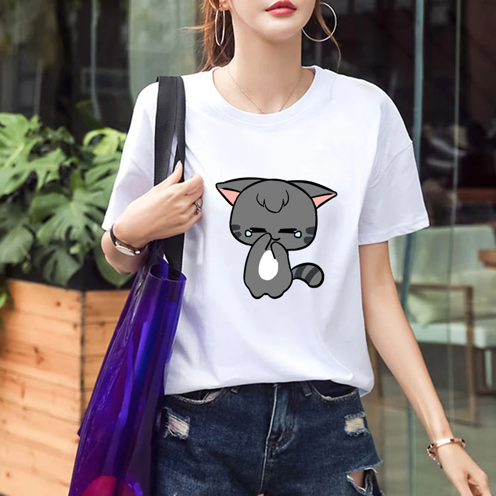 

Korean Style Woman Tshirt Cat Print Harajuku Kawaii Funny Cute Ladies T Shirt Summer Short Sleeve O-neck Graphic Ropa Mujer