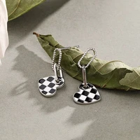 heart shaped fashion chessboard and lattice sterling silver 925 stud earrings gift for women gothic style jewellery accessories