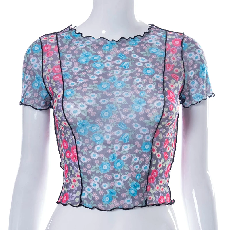 

2021 Summer Fashion Women's Mesh Perspective T-Shirt Female Sexy Edible Tree Fungus Short Sleeve Floral Crop Tops