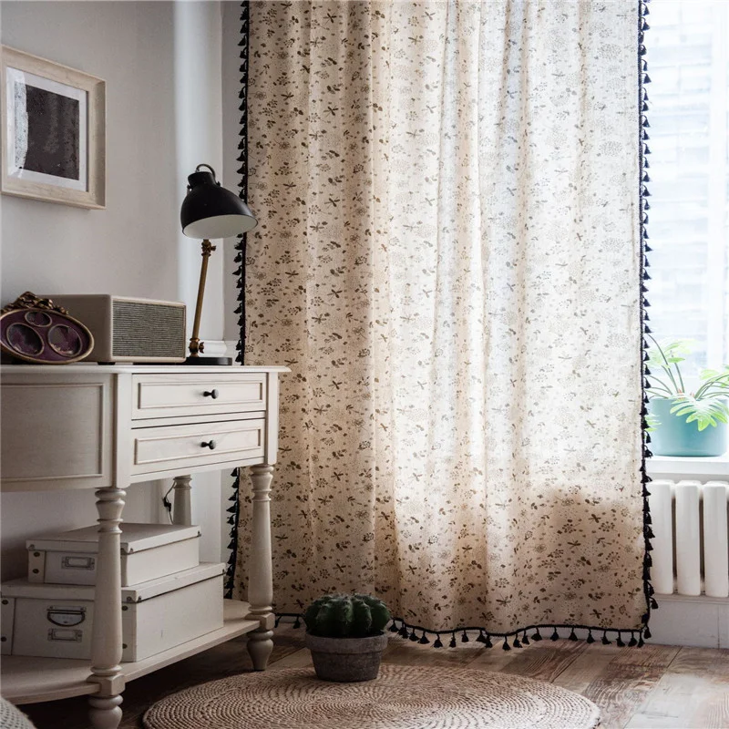 Цветочный принт Шторы Черный кисточкой из хлопка и льна на окна двери полу
