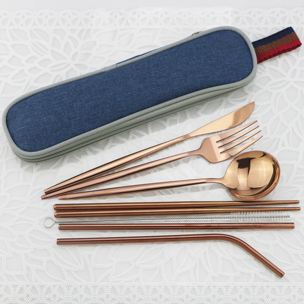 Портативный дорожный набор посуды черного цвета вилка нож ложка столовых