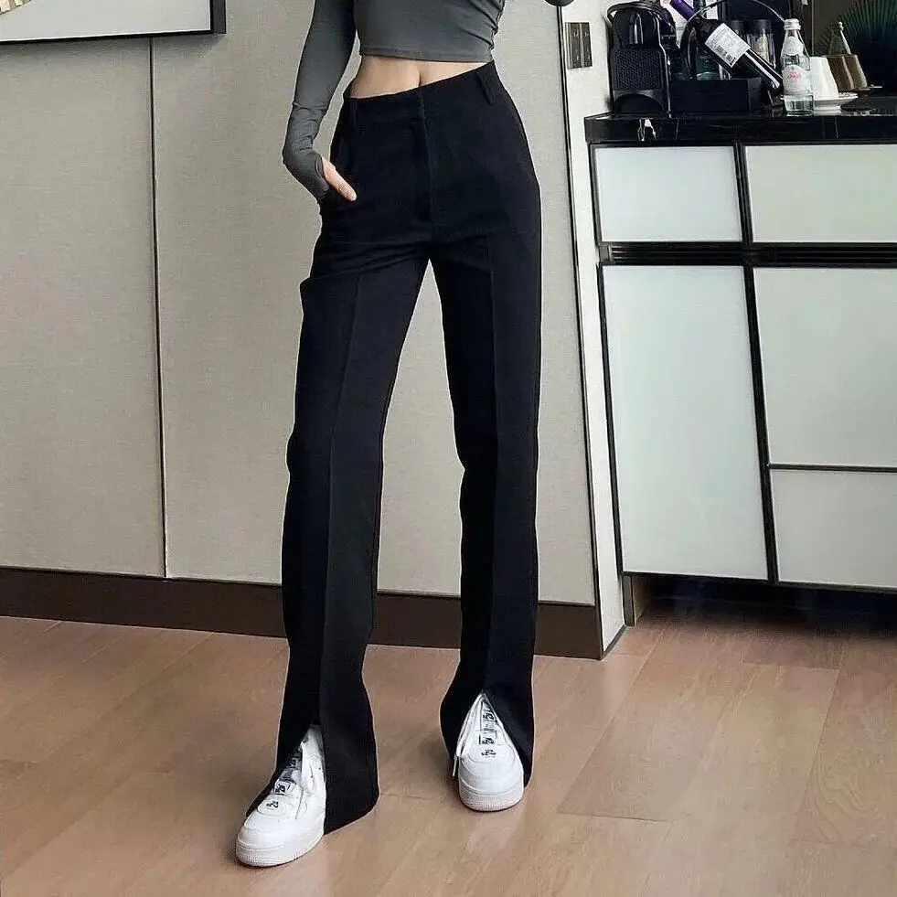 

5XL Summer Split Suit Pants Women's High Waist Straight Wide Leg Pants Chic Streetwear Casual Loose Slim Long Trousers Feme