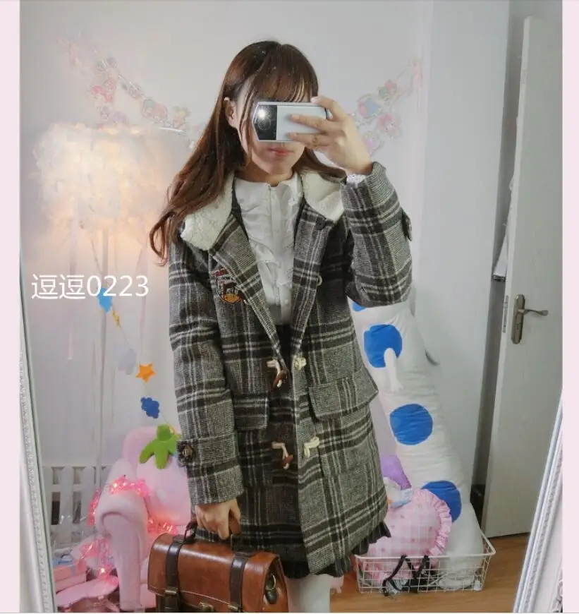 

Winter vintage college style sweet lolita overcoat horn button lattice jk uniform victorian coat kawaii girl gothic lolit