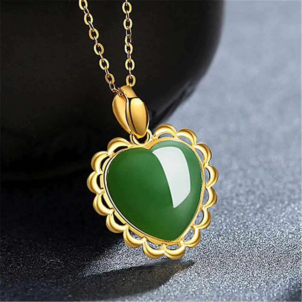 

Love heart green jade emerald gemstones pendant necklaces for women 14k gold color choker jewelry bijoux party gifts fashion