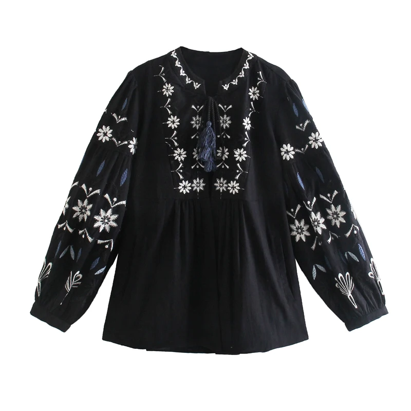 

ZA Black Embroidered Shirt Women's Long Sleeve Round Neckline Loose Cotton Bubble Sleeve slimmer jacket