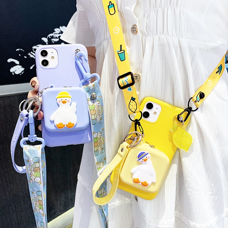 

Korean Cute Head Tilt Duck Coin Bag Card Bag + Lanyard Couple Gift Phone Case for Iphone 12Mini 11Pro MAX XR 7 8plus X SE2 Cover