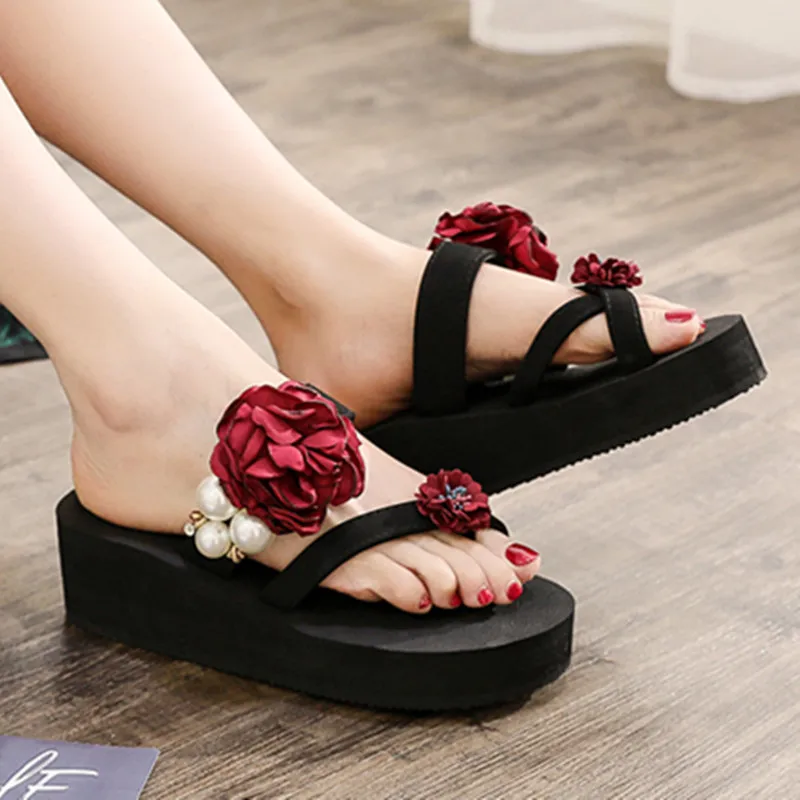 

Slope With Flip Flops Women Summer Handmade Bead Flower Fresh Ladies Sandals Thick-Soled Fashion Vacation Beach Slippers