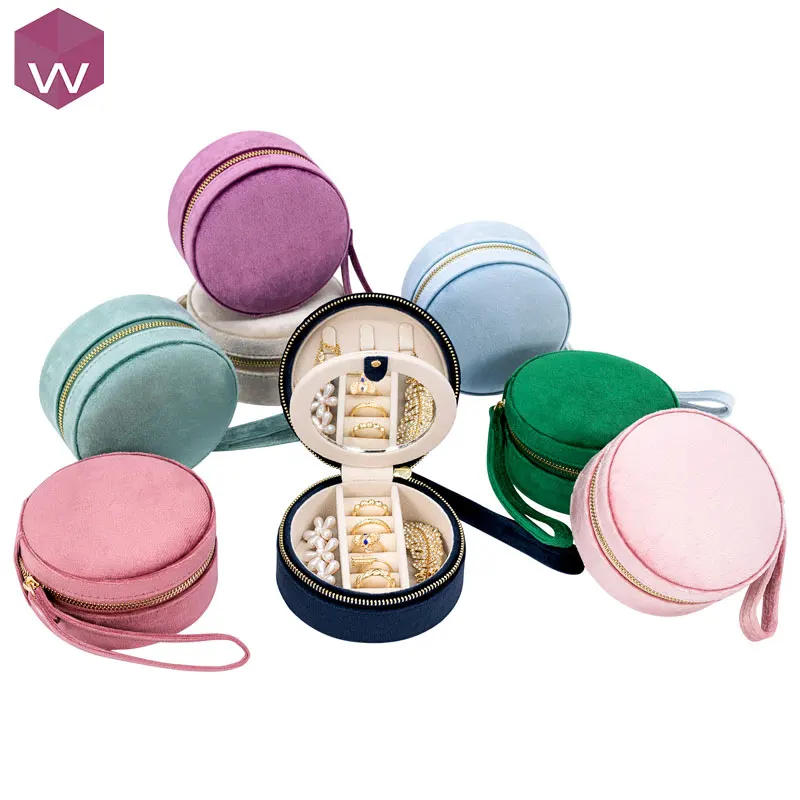 

Оптовая продажа, круглая Роскошная бархатная коробка-органайзер из искусственной кожи Joyero с хлопковым кольцом и зеркалом для путешествий и...