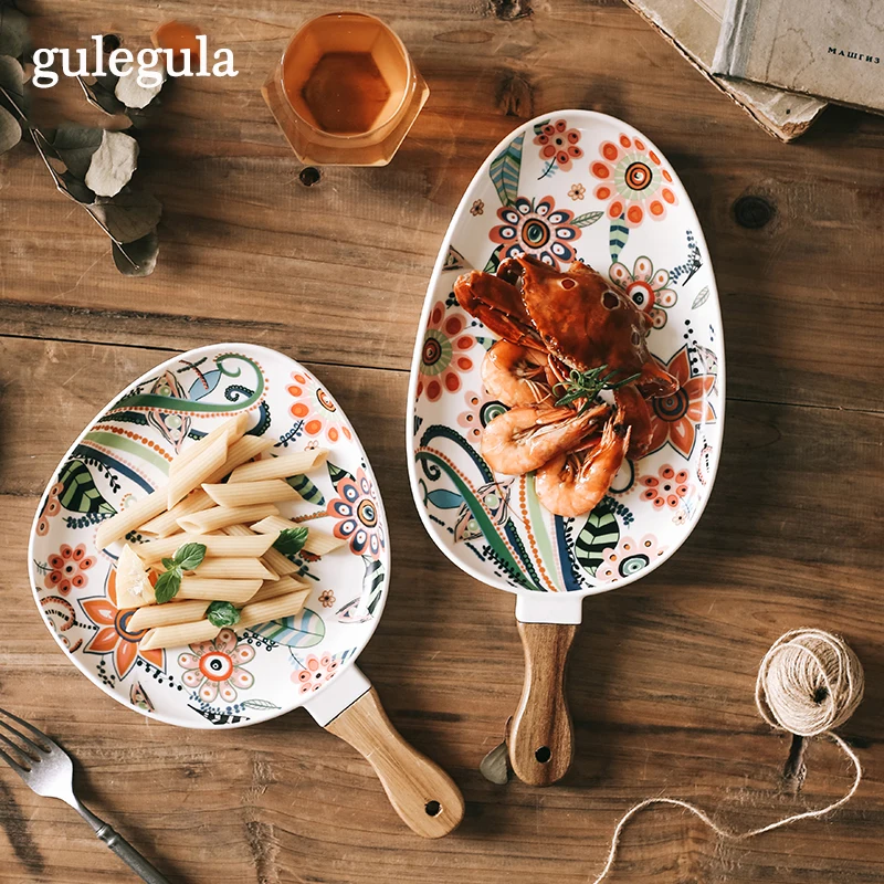 

Керамические обеденные тарелки в скандинавском стиле, искусственный поднос для салата с деревянной ручкой, тарелки для стейков, домашний декор, овальная посуда, столовая посуда