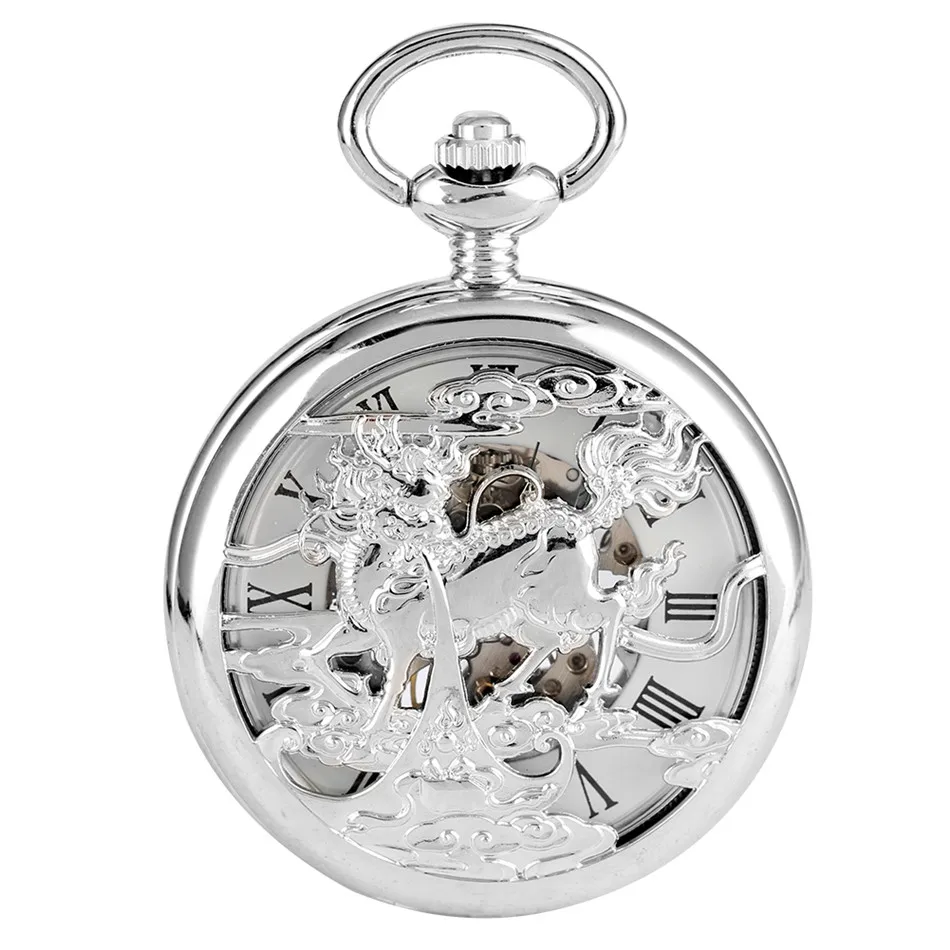 

Ancient God Beast Half Hunter Mechanical Pocket Watch Transparent Skeleton Roman Numerals Display Pendant Manual Pocket Clock