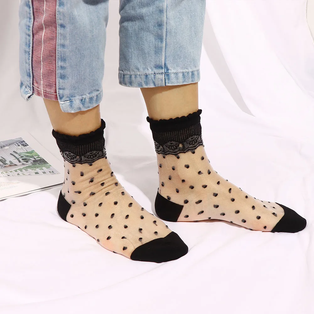 

6 Color Summer Women Lace Socks Crystal Silk Ankle Sock Glass Black White Sexy Dots Transparent Socks for Ladies