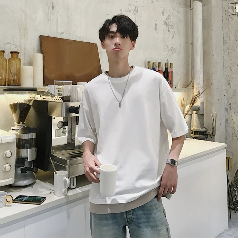 Однотонная мужская Свободная блузка с короткими рукавами и круглым вырезом